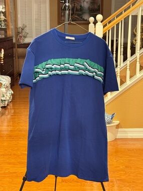 Zara Royal Blue Short-Sleeve Tee with Green and White Stripe Ruffle